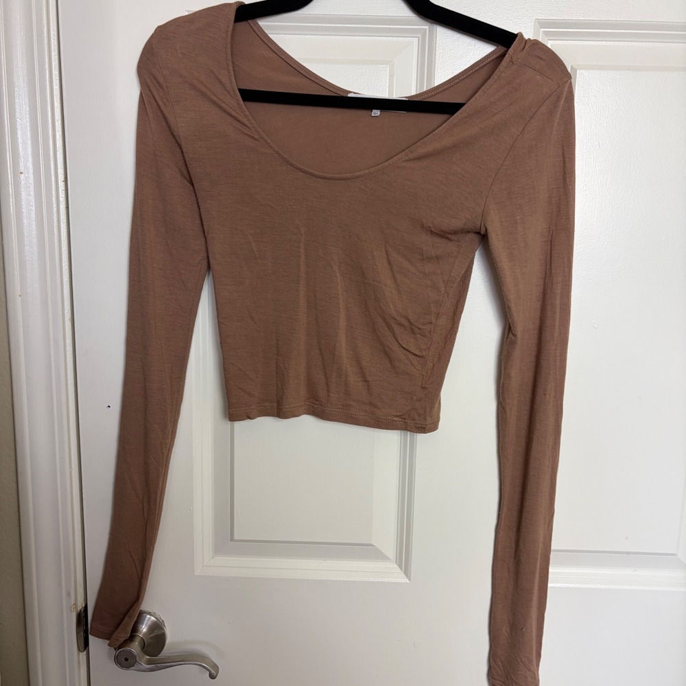 Joah Brown Long Sleeve Crop Top Mocha Brown XS/S Scoop Neck Modal Stretch